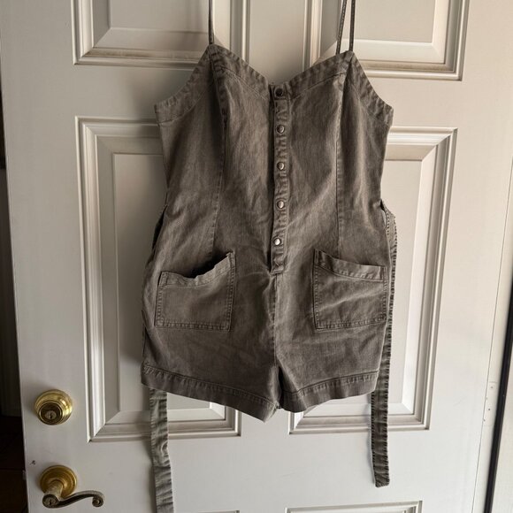 Splendid Large Sage Denim Button-Front Romper W/ Adjustable Straps & Pockets L - Picture 6 of 8